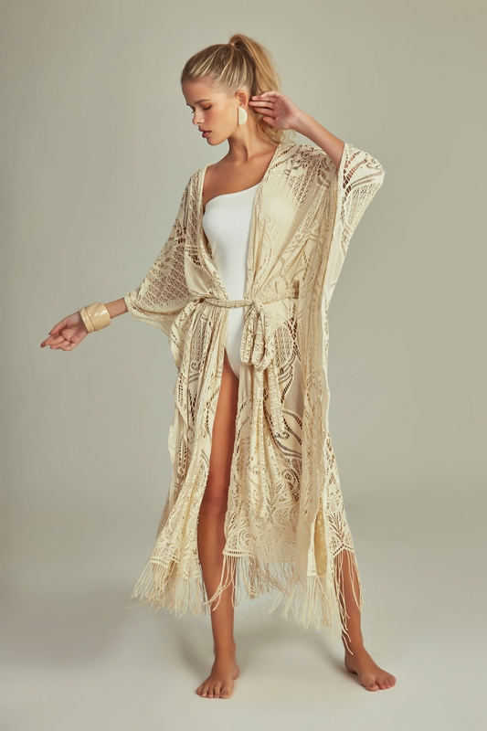 KIMONO FRINGLE IN BEIGE LACE